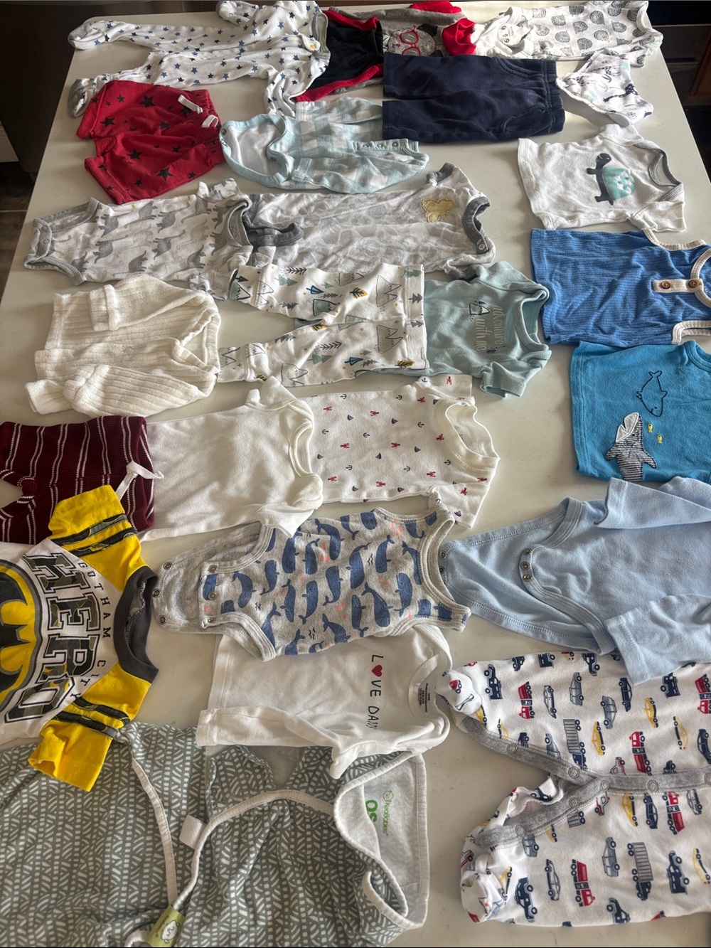 Newborn to 3 mo Mixed Baby Boy Bundle - onesie, sleeper, shirts, pants, swaddle